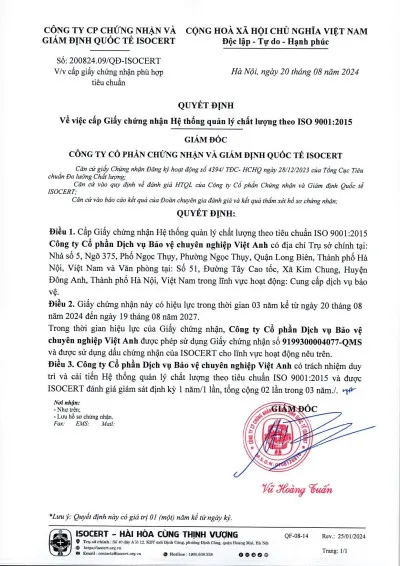 Chứng chỉ ISO 9001:2015 